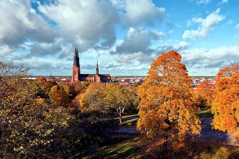 Dekorerad bro över Fyrisån i Uppsala med domkyrkan i bakgrunden