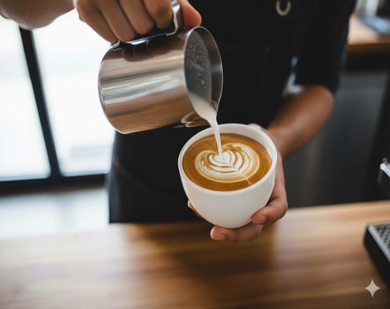 Barista häller latte art i kopp, exempelbild för café hemsida