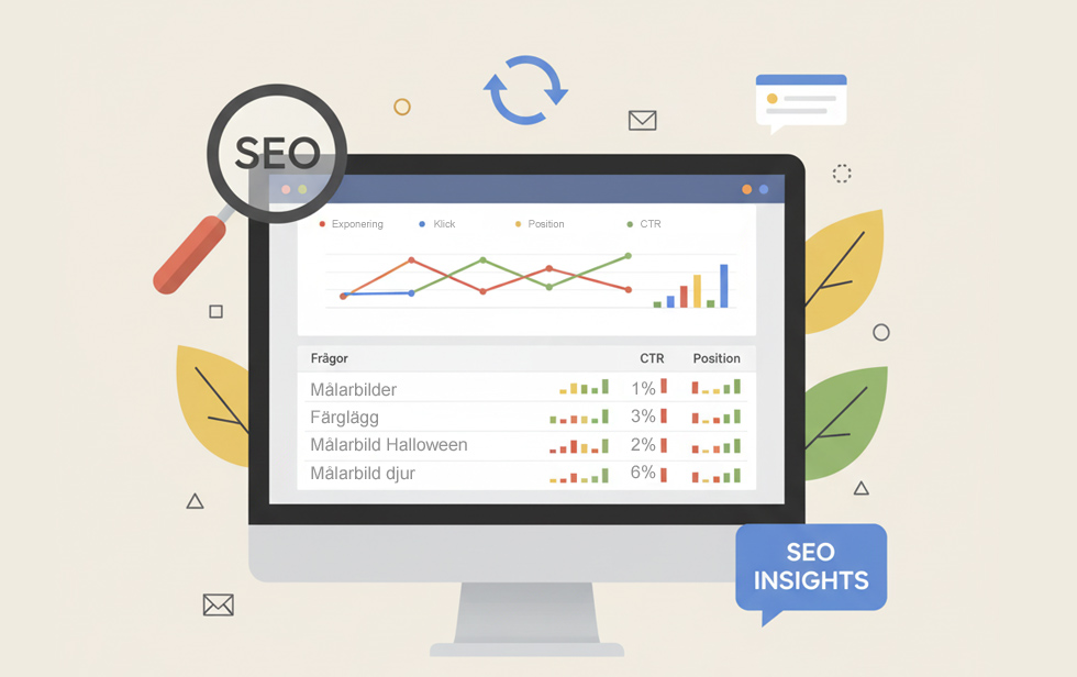 Illustration av Google Search Console-data som visar grafer över exponering, klick, position och CTR för sökord som målarbilder och målarbild Halloween.