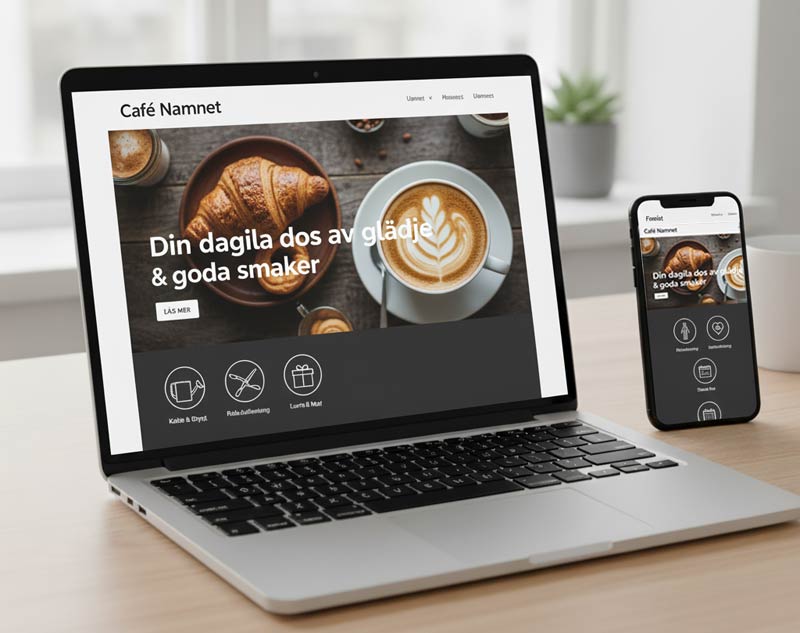 Café hemsida med kaffe och bakverk, visad på laptop och mobil