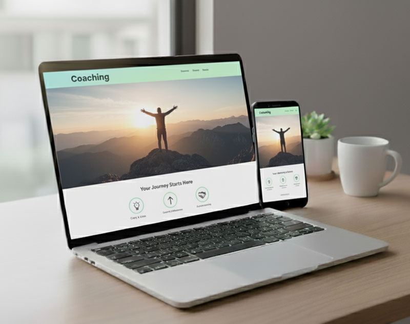 Coaching företagssajt med inspirerande bergsutsikt, i responsiv design på laptop och smartphone