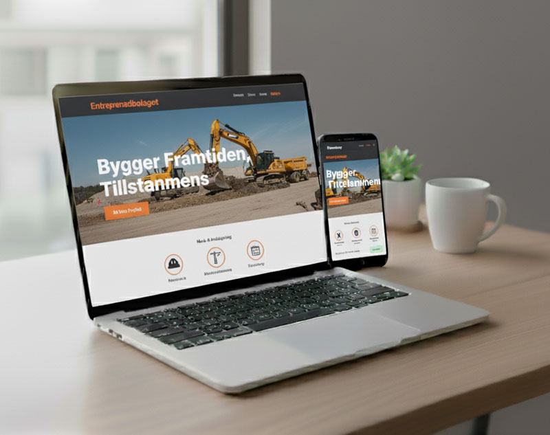 Entreprenad digital presentation med grävmaskiner och byggprojekt, på laptop och mobil