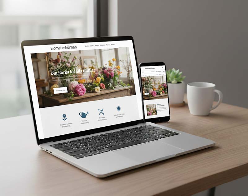 Florist hemsida med blommor och buketter, visad på laptop och mobil