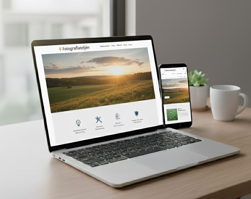 Fotograf hemsida med naturbild i solnedgång, visad på laptop och mobil