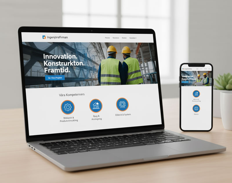 Ingenjör företagssajt med teknisk profil och projektbilder, i mobilanpassad version på dator och smartphone