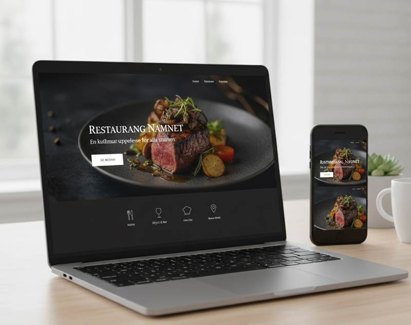 Restaurang hemsida med matfotografi på tallrik, visad på laptop och mobil