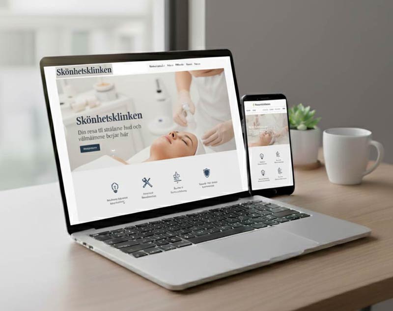 Skönhetsklinik hemsida med hudvårdsbehandling, visad på laptop och mobil