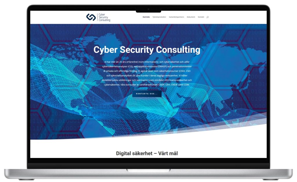 cyber-security-consulting-- Laptop som visar Cyber Security Consultings webbplats med blå världskarta i digital stil.
