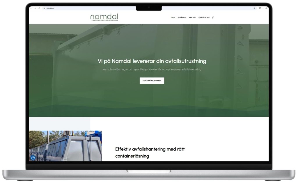 namndal-desk-front Laptop som visar Namndals webbplats med containerlösningar för avfallshantering.