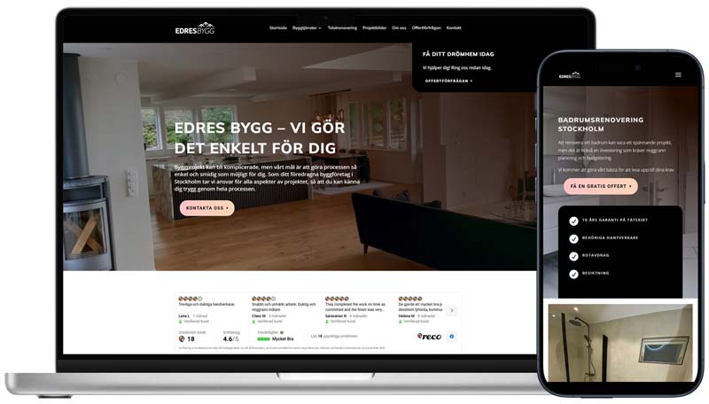 Dator och telefon som visar Enthrs webbplats med fokus på järnvägsentreprenader